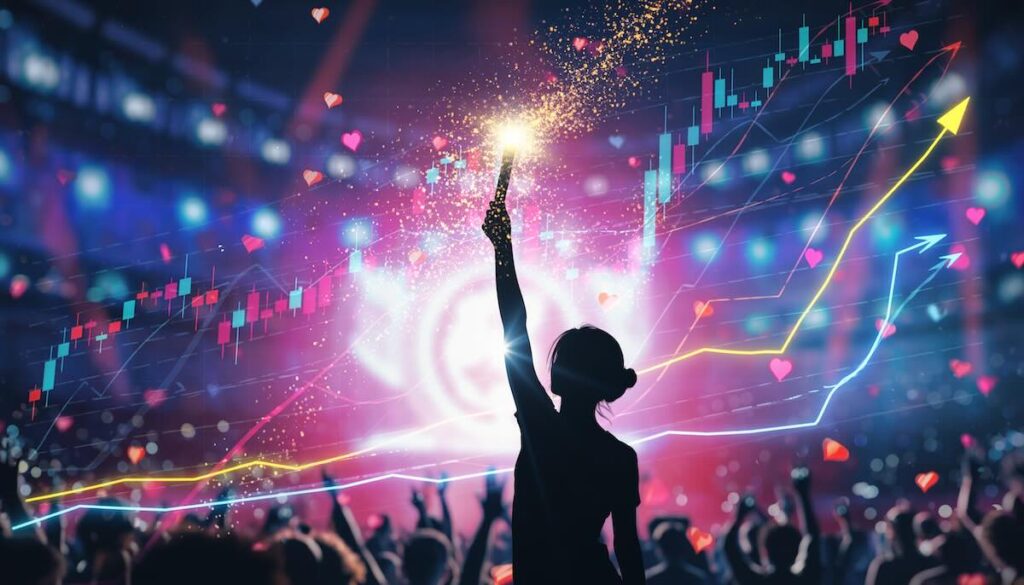 推し活による熱狂とそれが生み出す経済効果や生きる活力を象徴するペンライトとグラフのイメージ画像