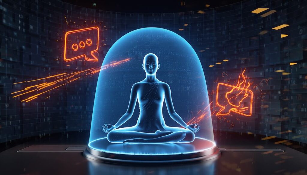 SNSの炎上や社会の分断から心を守るためのスルースキルとメンタルバリアを象徴するイメージ画像