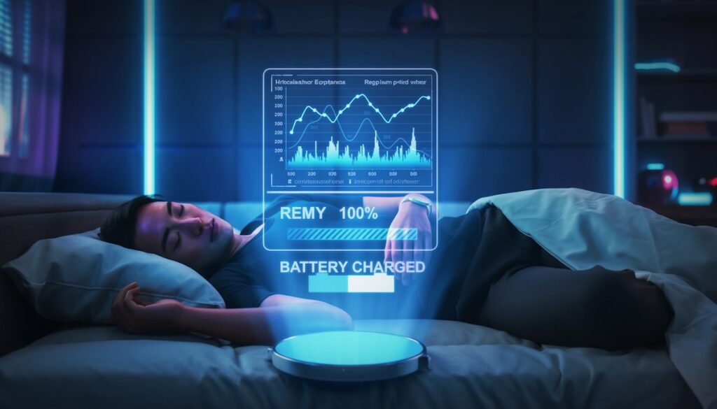 スリープテックデバイスで睡眠データを可視化し睡眠負債を解消する未来的なイメージ画像