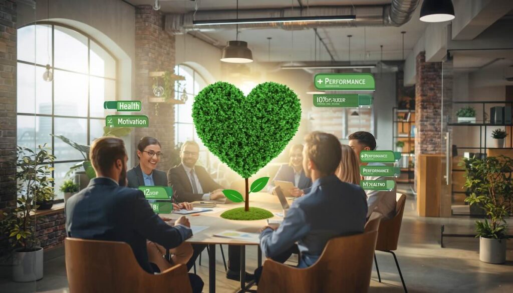 社員の幸福度と健康を高めるウェルビーイング経営と成長する組織を象徴するオフィスと植物のイメージ画像