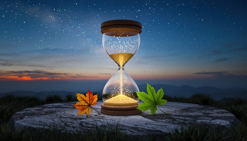 人生の有限性と死生観を象徴する砂時計と自然のサイクルのイメージ画像
