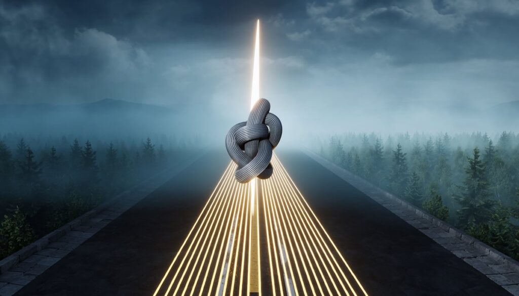 迷いを断ち切り未来への道を切り拓く決断力と意思決定の瞬間を象徴する光の剣のイメージ画像