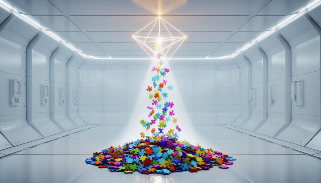 複雑な事象をシンプルで本質的な概念へと昇華させるコンセプチュアル思考と抽象化プロセスを象徴するイメージ画像