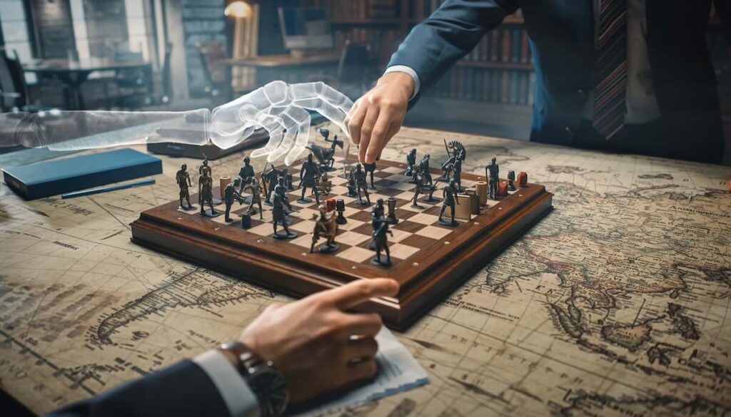 歴史上の軍事戦略を現代ビジネスに応用するための古代の地図と現代のチェス駒のイメージ画像
