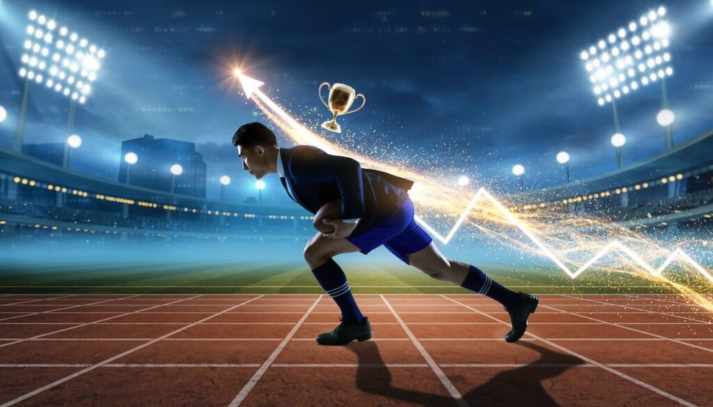 スポーツのメンタルタフネスとチームビルディングをビジネスの成功に応用する様子を象徴するイメージ画像