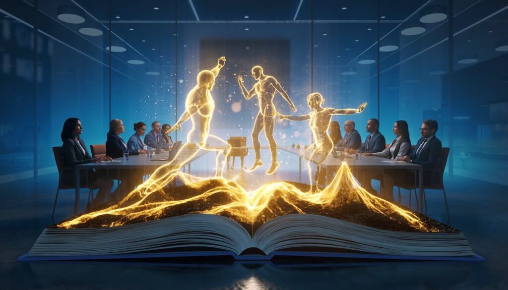 ビジネスプレゼンテーションにおいて聴衆を魅了し心を動かすストーリーテリングの力を象徴する光る本のイメージ画像