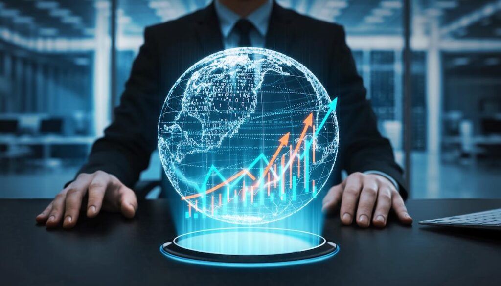 統計学とデータ分析によってビジネスの未来を予測し不確実性を減らす水晶玉とグラフのイメージ画像