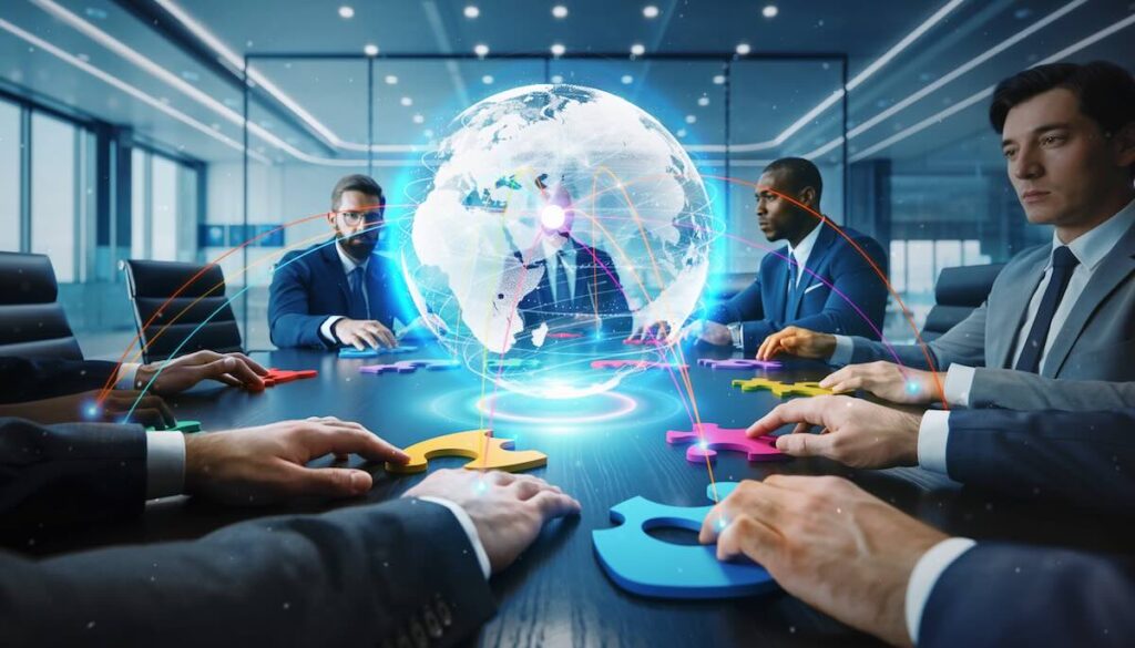 グローバルビジネスにおける異文化理解と相互尊重を象徴する地球儀と握手のイメージ画像