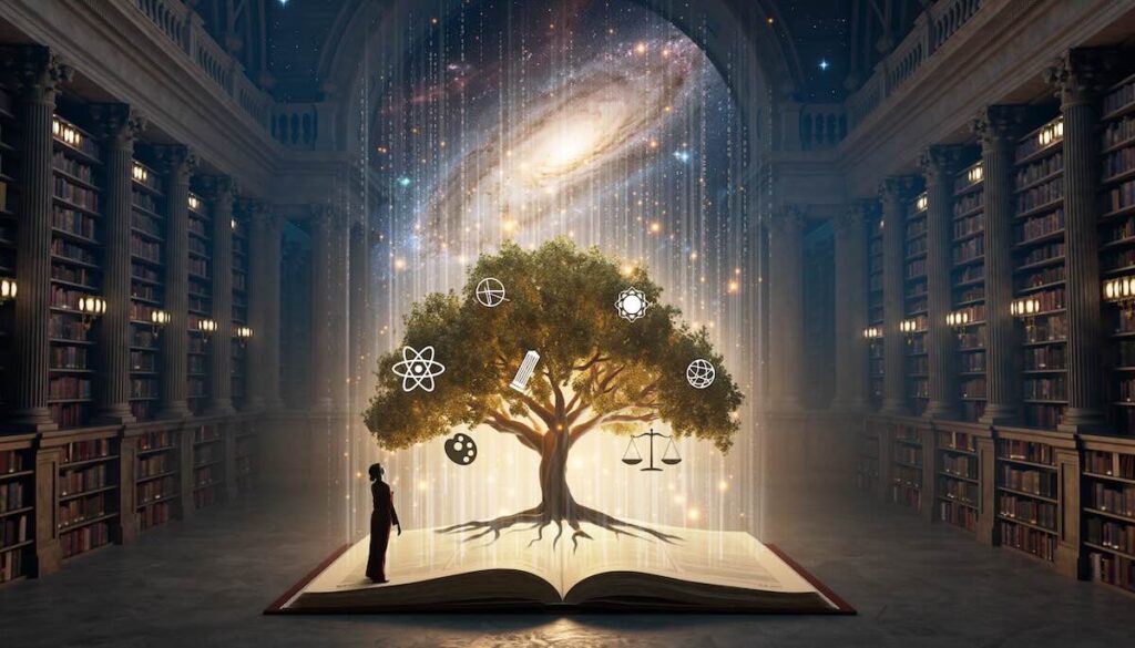 人類の叡智と歴史を統合し未来を切り拓くための教養の総まとめを象徴する光る知識の木と宇宙のイメージ画像