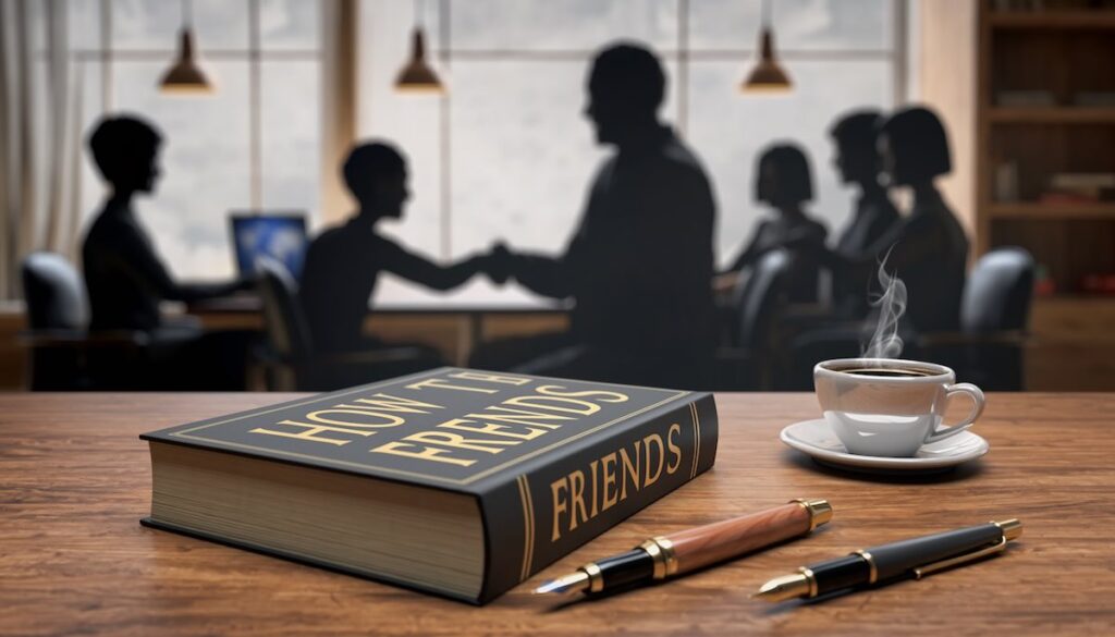 デール・カーネギーの教えによる人間関係の改善と信頼構築を象徴する古典的な書物と握手のイメージ画像