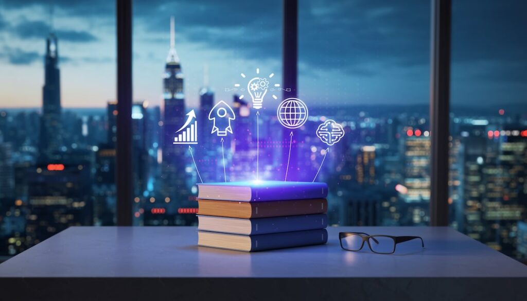 世界を変える革新的な起業家たちの思考の源泉となった愛読書と、未来のテクノロジーを象徴するホログラムのイメージ画像
