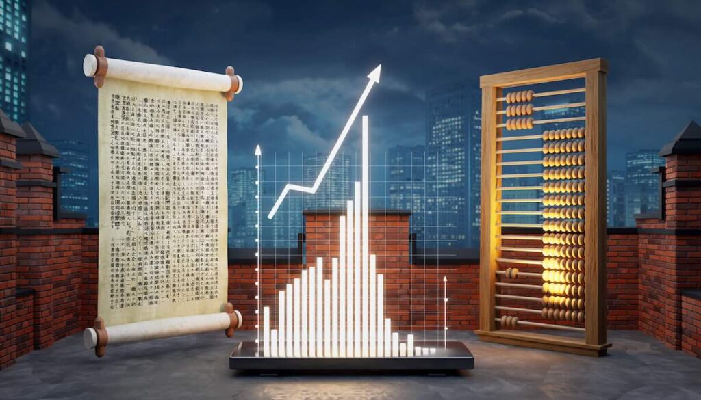 【2026年版】渋沢栄一:論語と算盤で学ぶ道徳と利益の本5選 渋沢栄一の教えである論語と算盤の融合と道徳と経済の両立を象徴する巻物とそろばんのイメージ画像