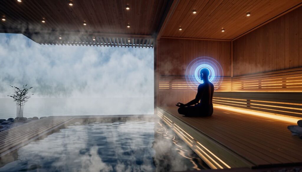 【2026年版】戦略的休息:サウナと瞑想で脳をととのえる本5選 サウナと瞑想による脳の疲労回復と自律神経の調整を象徴する癒やしの空間のイメージ画像
