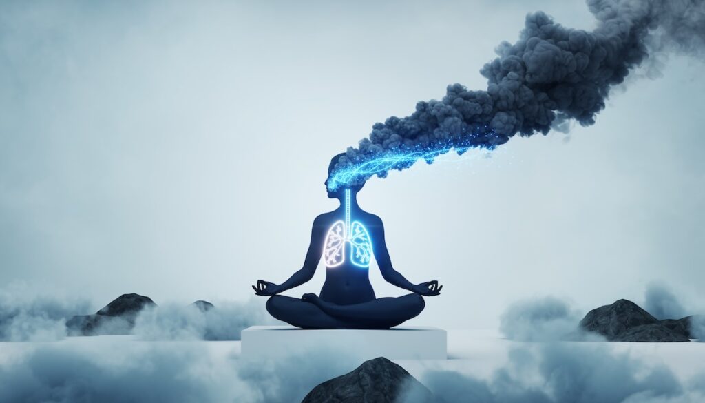 【2026年版】呼吸法:脳と体を整える最強の呼吸本5選 呼吸法によって酸素を取り込みストレスを排出する脳と体の浄化プロセスを象徴するイメージ画像