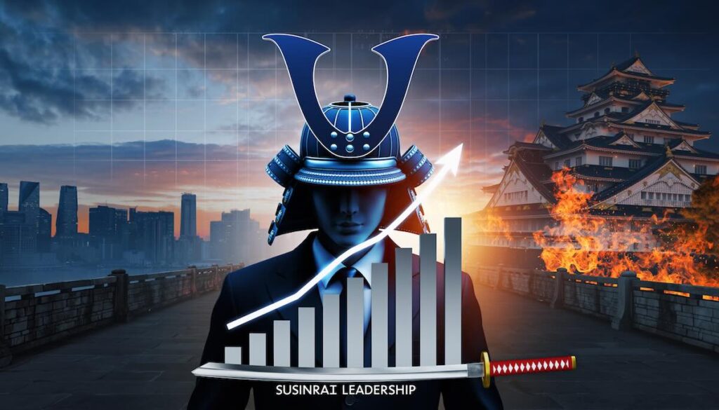 【2026年版】戦国武将:信長・秀吉・家康に学ぶ戦略の本5選 戦国武将のリーダーシップと現代ビジネス戦略の融合を象徴する兜とスーツのイメージ画像