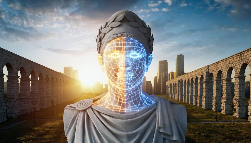 ローマ帝国の歴史と賢帝たちのリーダーシップを現代ビジネスに応用する知恵を象徴する彫像とコロッセオのイメージ画像