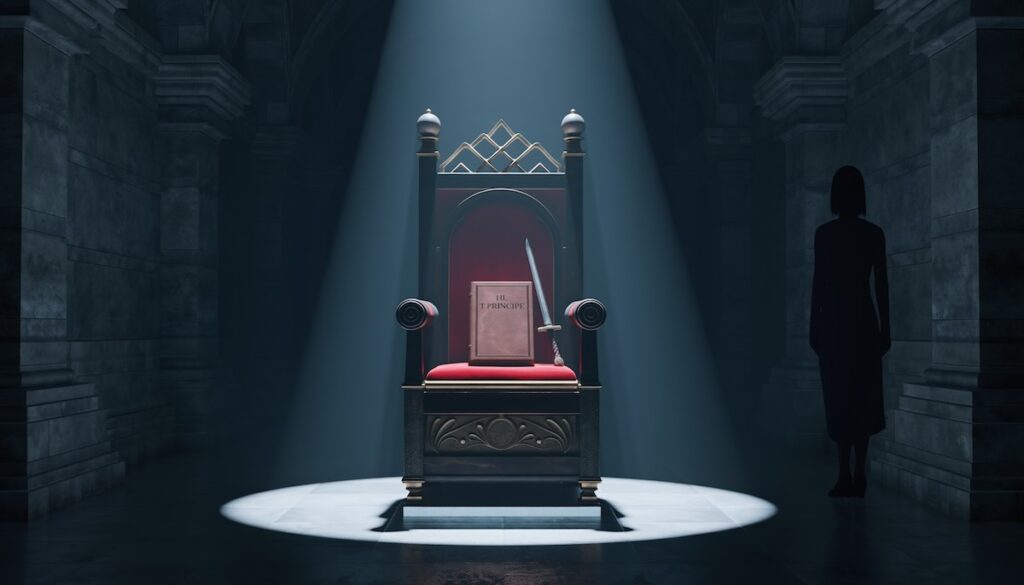 マキャベリの君主論に基づく冷徹なリーダーシップと権力の行使を象徴する王座と短剣のイメージ画像