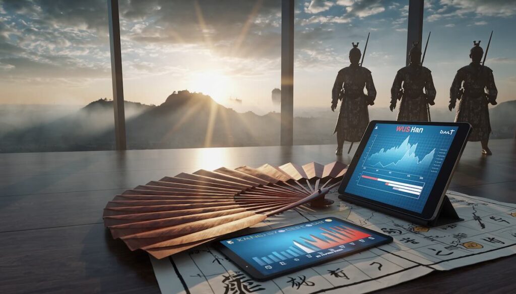 三国志の英雄たちの戦略とリーダーシップを現代ビジネスに応用する知恵を象徴する孔明の扇と地図のイメージ画像