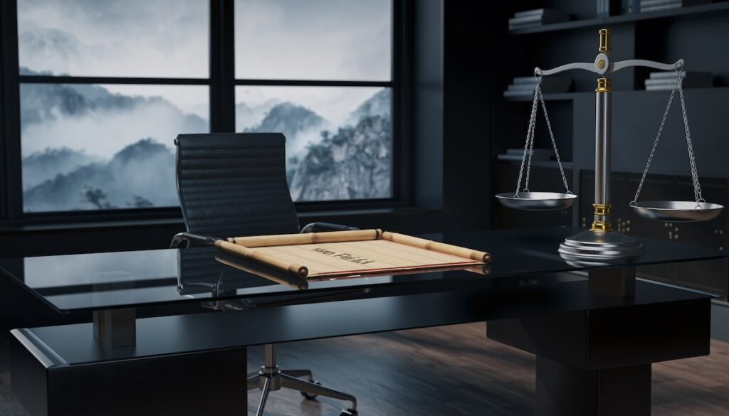 韓非子の性悪説に基づく法治主義と厳格な組織運営を象徴する天秤と竹簡のイメージ画像