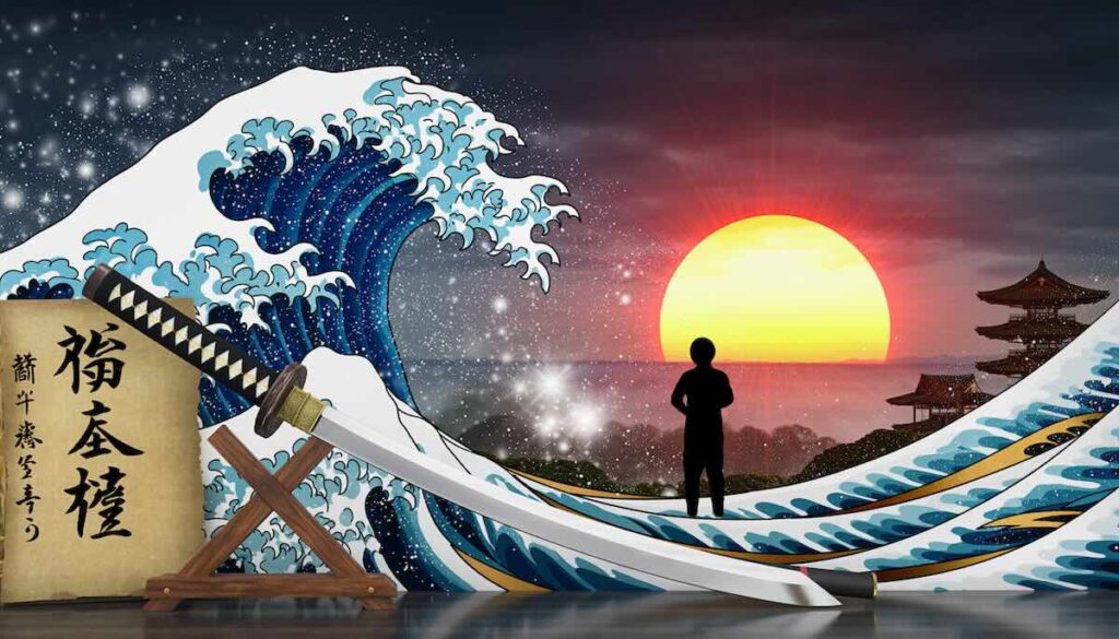 幕末の志士たちの熱い志と覚悟を象徴する日本刀と荒波のイメージ画像