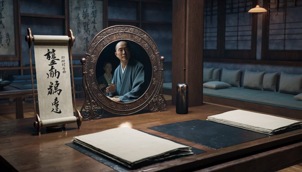 貞観政要の教えである三つの鏡とリーダーの自己反省を象徴する古代の銅鏡のイメージ画像