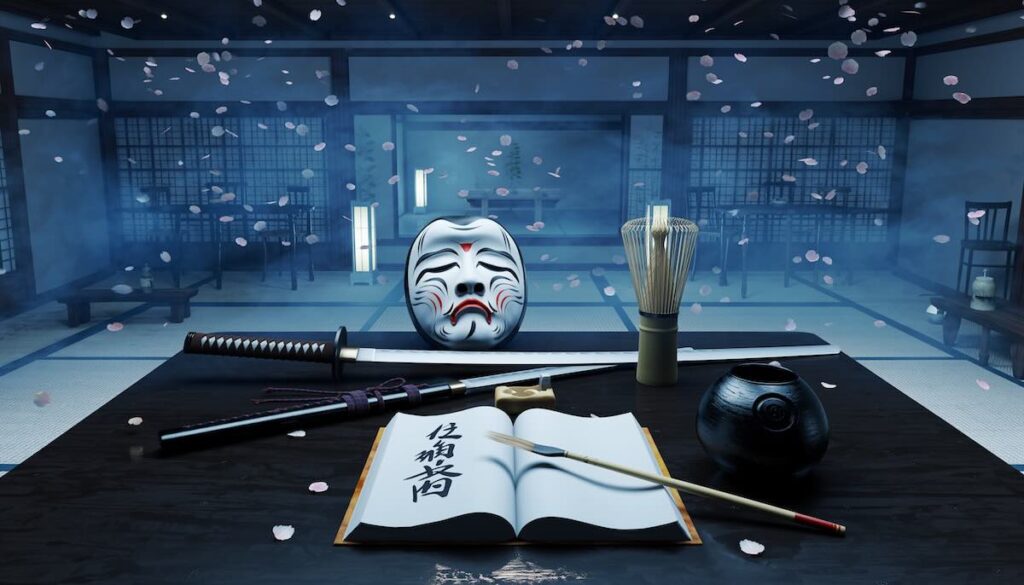 日本の古典から学ぶ戦略と美意識を象徴する日本刀と能面と茶道具のイメージ画像