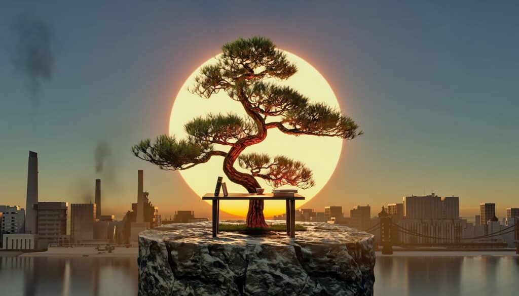 松下幸之助ら経営の神様たちの不屈の精神と日本的経営哲学を象徴する松の木と夜明けのイメージ画像