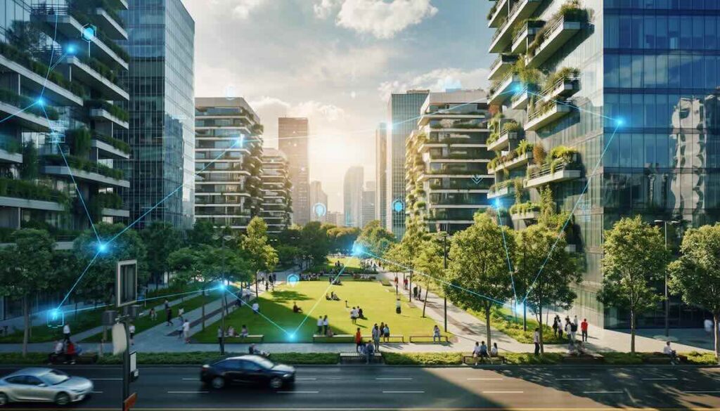 豊かな緑とデジタル技術が調和した未来のスマートシティで人々が快適に過ごしている様子を捉えた写真