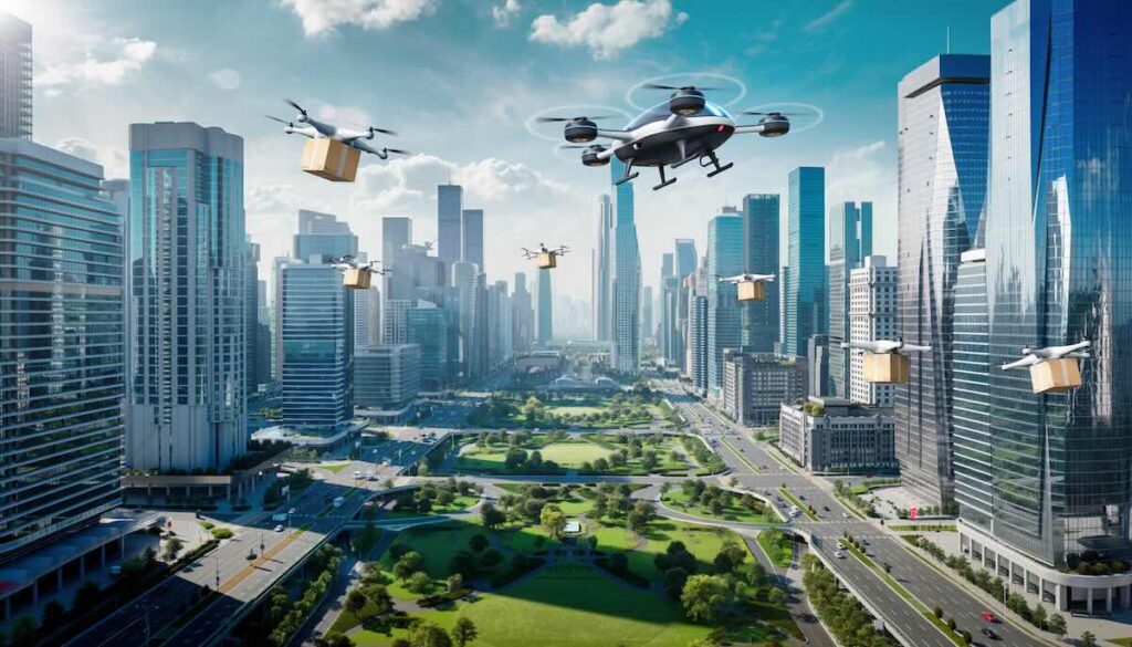 ドローンと空飛ぶクルマが飛び交う未来の空の産業革命と物流を象徴する都市の風景写真