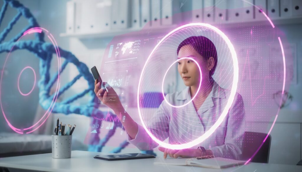 テクノロジーを活用して女性の健康課題を解決しエンパワーメントするフェムテックの未来的なイメージ画像