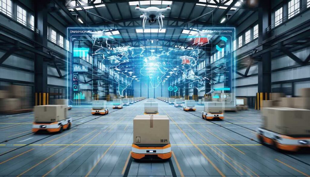 AIとロボットによる物流DXと2024年問題の解決を象徴する自動化倉庫とドローンのイメージ画像