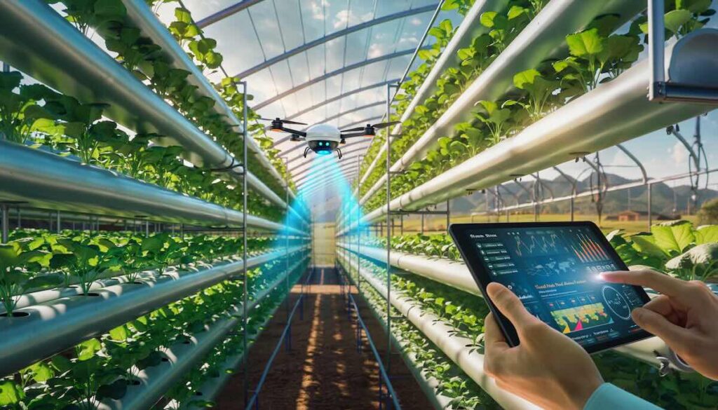 AIとドローンを活用したスマート農業とアグリテックによる食の未来を象徴する農場のイメージ画像