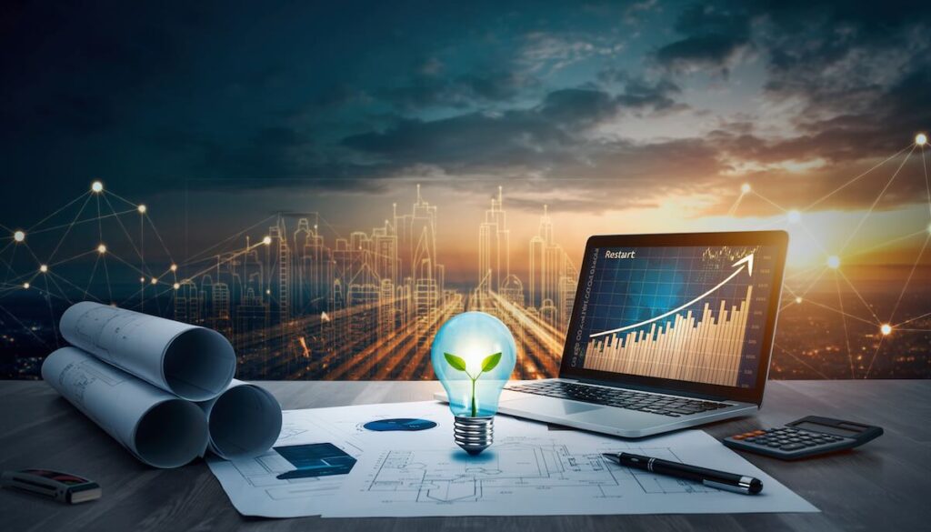 設計図とPCが置かれた実験デスクから、電球型の植物（アイデア）が芽吹いている様子。ビジネス構築を科学的な実験として表現。