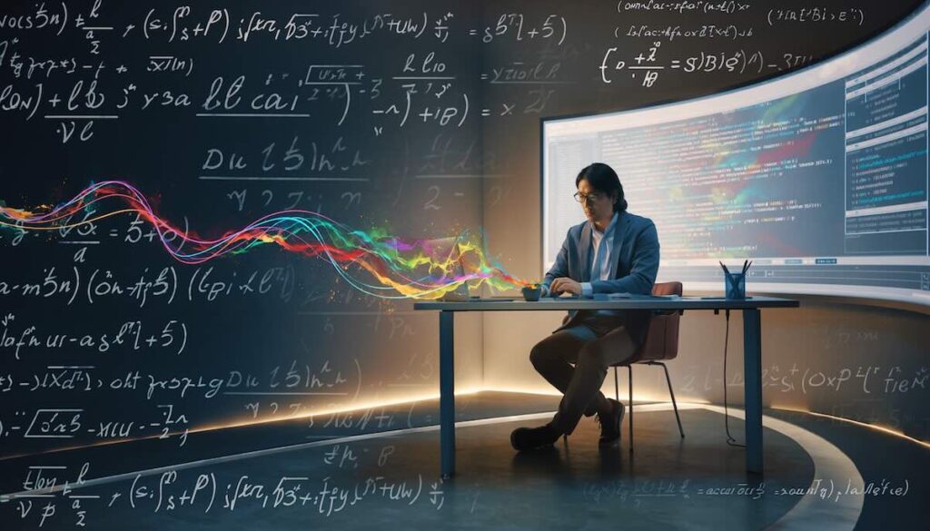 ホログラムキーボードを操作し、コードの代わりに鮮やかなデジタルアートを生み出しているデータサイエンティストの男性。論理と創造性の融合を表現。