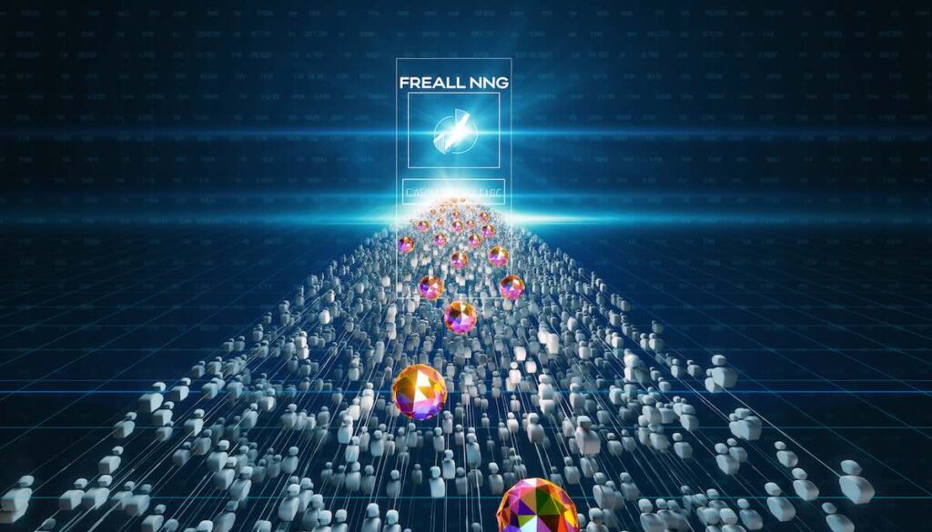 インボイス制度を象徴するデジタルフィルター。大量の粒子（作業者）が選別され、輝く宝石（プロフェッショナル）だけが通過して上昇していく様子。