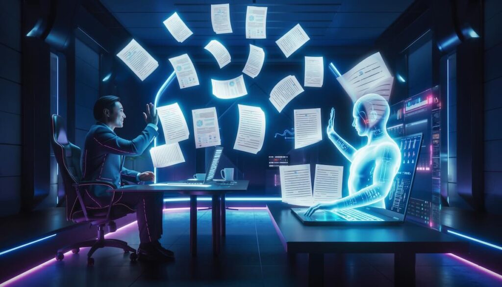 AIとの協働イメージ。ビジネスパーソンとPC画面から現れたAIアバターがハイタッチをし、企画書などのドキュメントが自動的に整理・生成されている様子。