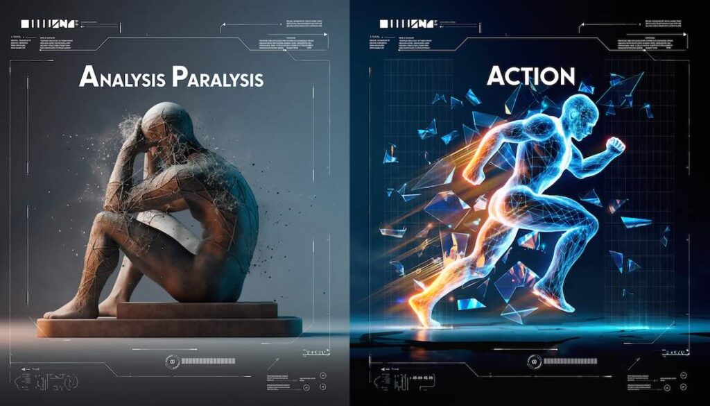 行動力のイメージイラスト。左側は考えすぎて動けない石像（分析麻痺）、右側は壁を突き破って走り出す光る人物（行動）。思考より行動を選ぶことの対比。