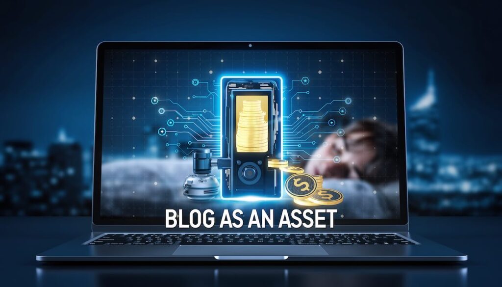 ブログ収益化のイメージイラスト。持ち主が寝ている間に、PC画面上のデジタルな自動販売機が稼働し、収益（金貨）を生み出している様子。不労所得と資産化を表現。