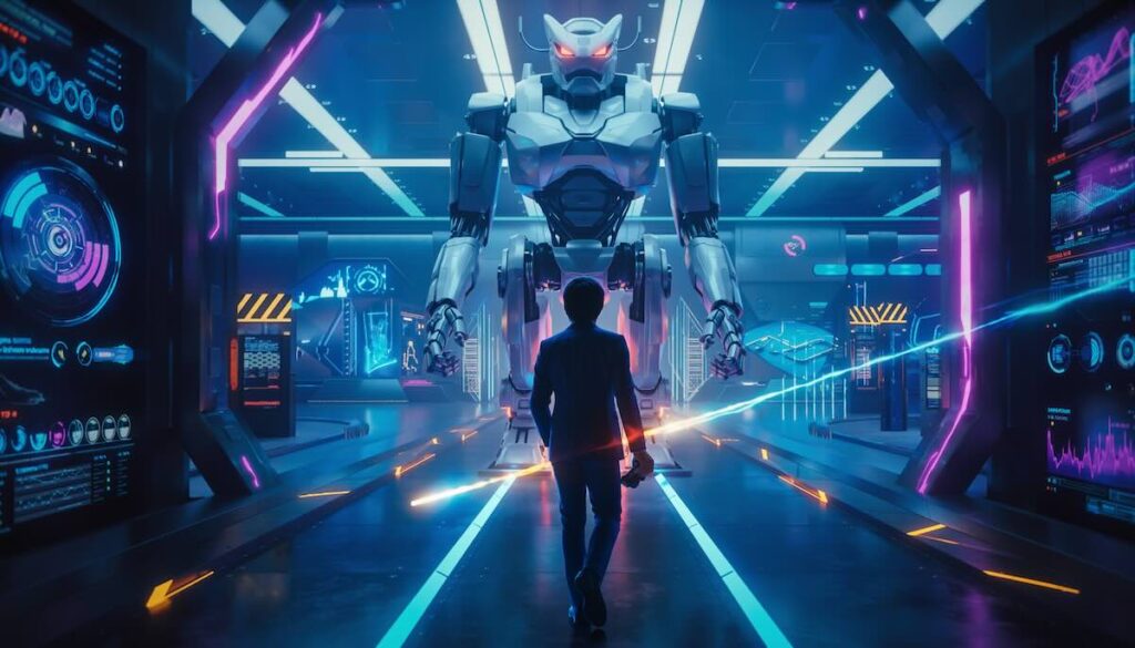 ボスマネジメントのイメージイラスト。ゲームコントローラーを持ったプレイヤー（社員）が、大きく不機嫌そうなロボット（上司）を操作している。プレイヤーは巧みにロボットを誘導して障害物をクリアし、道を切り開いている様子。