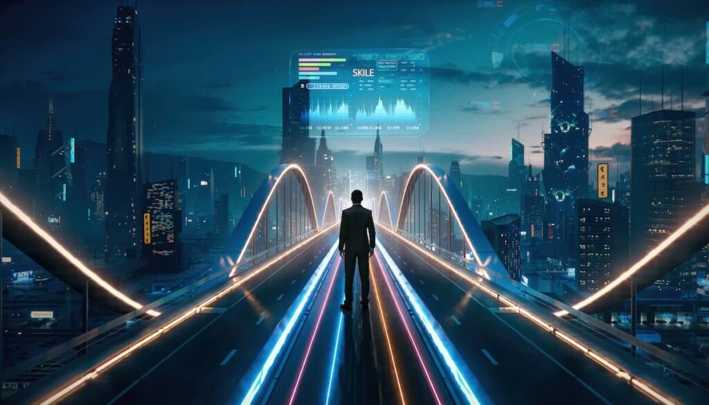 キャリア資産運用のイメージイラスト。ホログラムのダッシュボードで自分のスキルを株価チャートのように分析しているビジネスパーソン。複数の光る橋（キャリアパス）の中から進路を選んでいる様子。