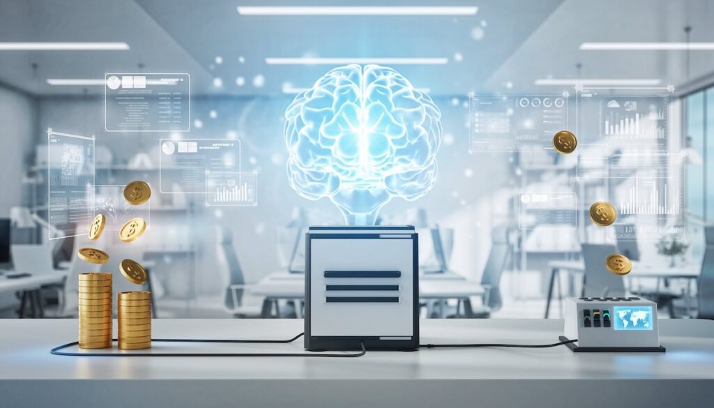 知識を資産に変えるイメージイラスト。人間の脳からアイデアが生まれ、それがビジネスの仕組みを通じて金貨や資産に変換されている様子。