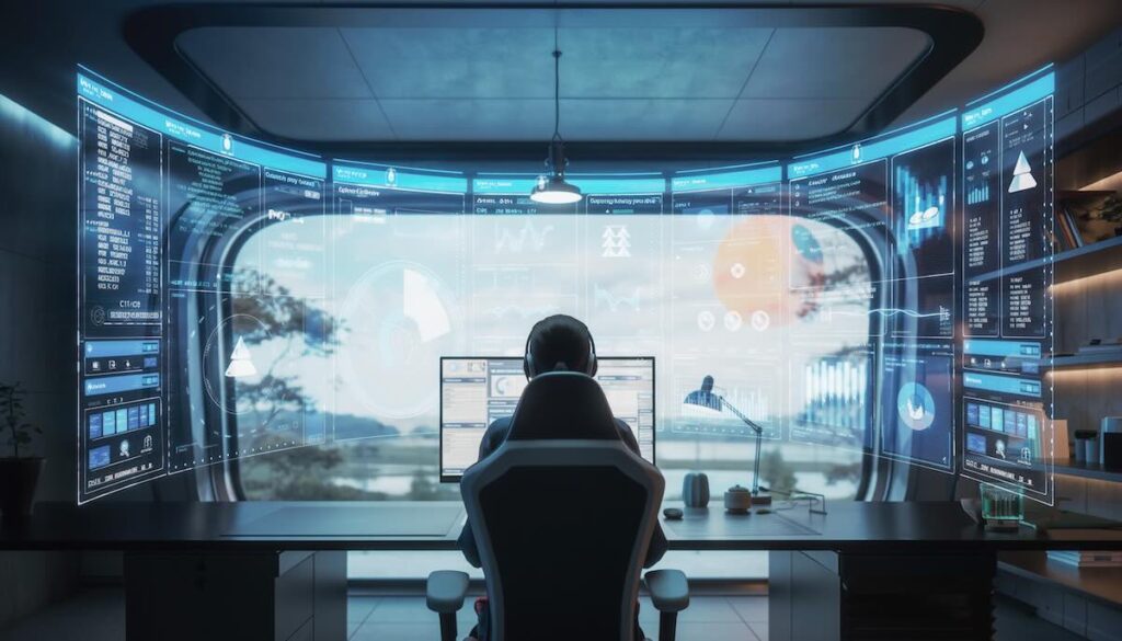 高生産なリモートワークのイメージイラスト。整理されたホログラム画面が浮かぶ、未来的で清潔なホームオフィスのコックピット。窓の外には穏やかな自然が広がる。リラックスしながらも深く集中している様子。