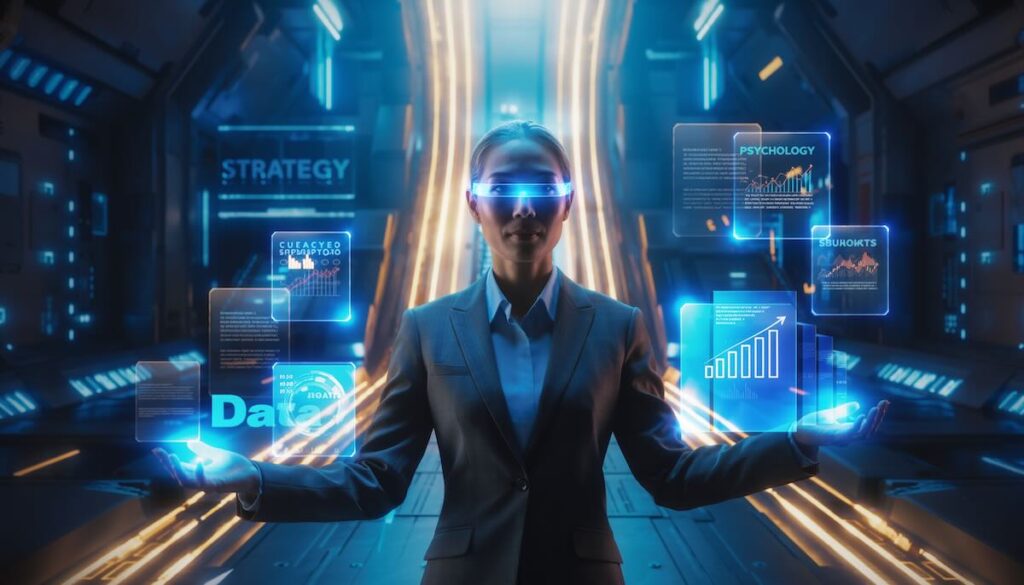 知の再武装のイメージイラスト。未来的な武器庫に立つ中年ビジネスパーソン。武器の代わりに「戦略」「データ」「心理学」と書かれた光るデータモジュールや本を装備している様子。背景には明るく上昇する未来への道が続いている。