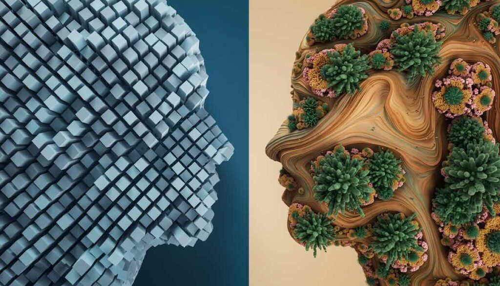 デザイン思考とロジックの対比イメージ。左側は冷たく硬い立方体の構造物（論理）、右側は温かく有機的で人間に寄り添うように成長する植物のような構造物（共感・デザイン）。