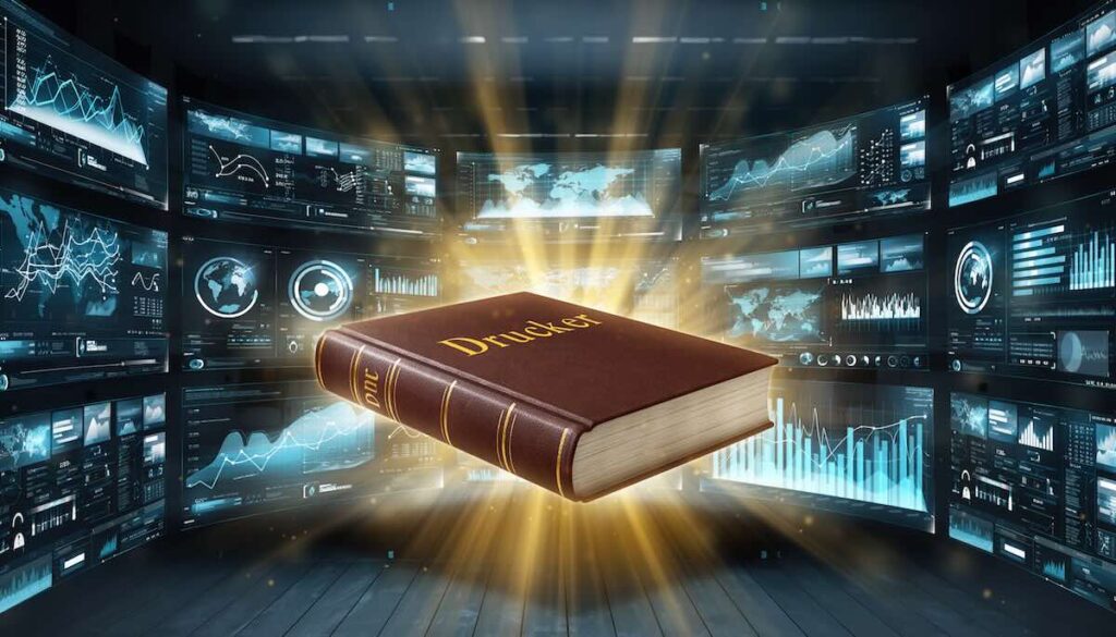 ドラッカーの原理原則のイメージイラスト。現代のデータ駆動型のオフィス空間に浮かぶ、表紙に「Drucker」と光る古い革表紙の本。本から黄金の光が放射され、複雑なチャートやネットワークを照らし出し、それらを明確な構造へと単純化している様子。