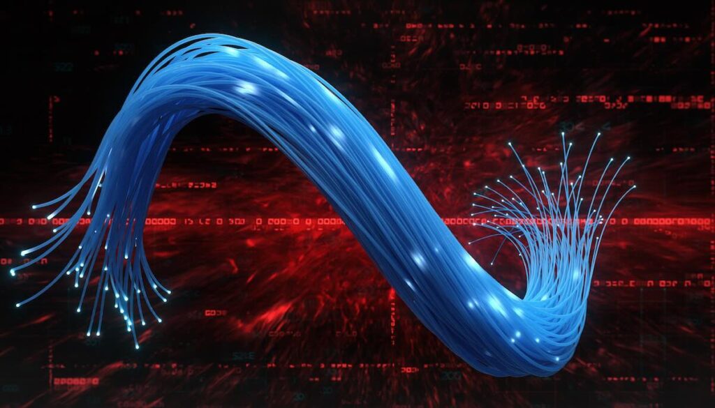 メンタル・レジリエンスのイメージイラスト。デジタル光ファイバーで作られた青く光る竹が、赤い嵐（逆境）の中でしなやかに曲がっているが、折れていない様子。硬さではなく柔軟性が強さであることを表現。