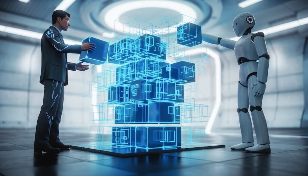 プログラミング的思考のイメージイラスト。ビジネスパーソンが論理のブロックを組み立て、AI（ロボット）がそれを瞬時に構築（コーディング）している様子。人間が設計し、AIが実装する協働関係を表現。