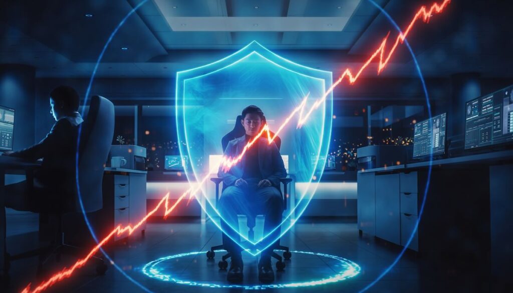 心理的ファイアウォールのイメージイラスト。オフィスチェアに座る穏やかなビジネスパーソンが、青く光る半透明のエネルギーシールドに守られている。シールドの外側では、赤いギザギザの線（怒りの言葉やストレス）が無害に跳ね返されている。人物は邪魔されずに仕事に集中している様子。