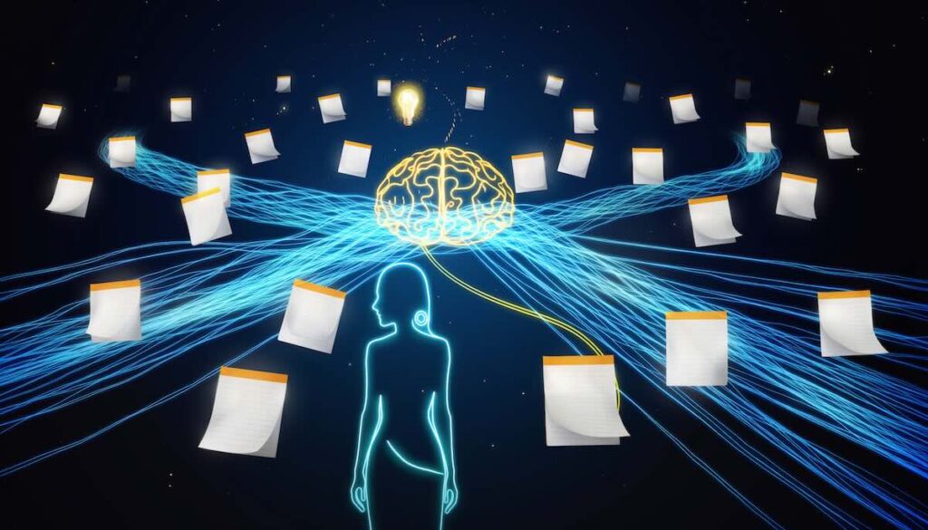 第2の脳のイメージイラスト。人間のシルエットが、光るノートで構成された外部記憶装置とケーブルで接続されている。ノートからデータが脳に流れ込み、アイデア（電球）が閃いている様子。
