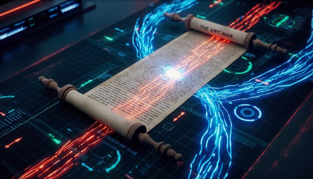 デジタル時代の孫子の兵法のイメージイラスト。未来的なホログラム戦術マップの上に広がる古代の巻物。マップ上では青と赤のデータストリームが対峙しているが、青側（戦略）は水のように赤側を回避し、直接的な衝突を避けて目的を包囲している。戦わずして勝つ様子を表現。